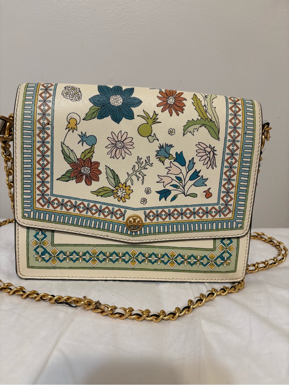 Tory Burch Cream Floral Print Crossbody Bag with Gold Chain